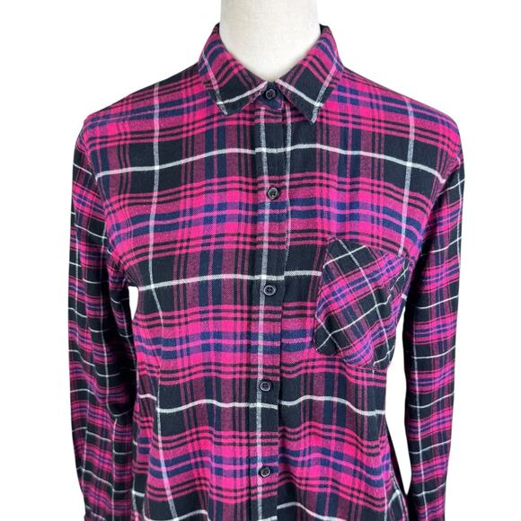 Rails Brock Fuschia Navy Black Plaid Flannel Frayed Long Sleeve Button Up Top - Picture 10 of 15